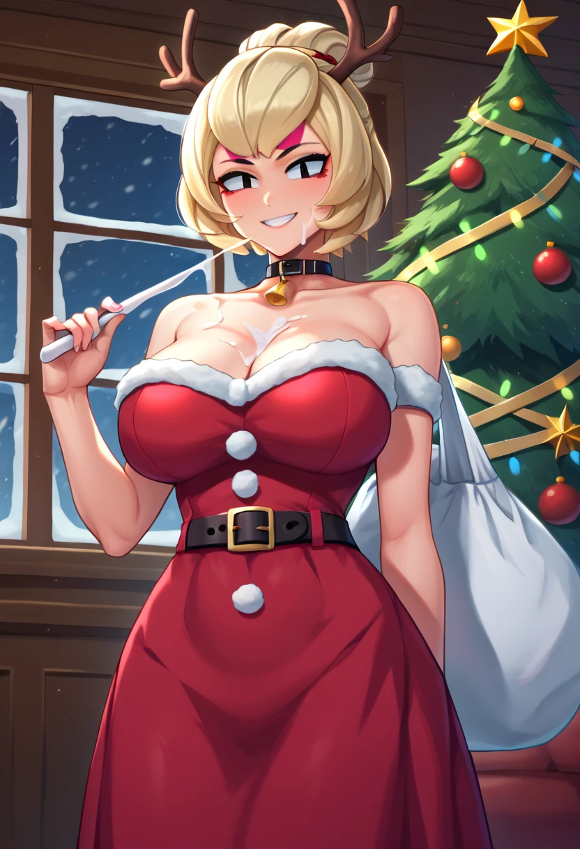 masterpiece, best quality, 1 solo girl, blonde hair, blue eyes, short hair, wavy hair, Christmas ornaments, medium breasts, mature body and face, red santa dress, christmas, christmas light, christmas tree, red gloves, red santa skirt, holding gift, red bra, red panty, leg up, cowboy shots, sexy pose, dakimakura, detailed body, face, and eyes, sharp focus, vibrant, creative, dynamic, high definition, high resolution, 8k, (Upscale: R-ESRGAN 4x+ Anime6B), (Image enchance:4x), voluptuous body