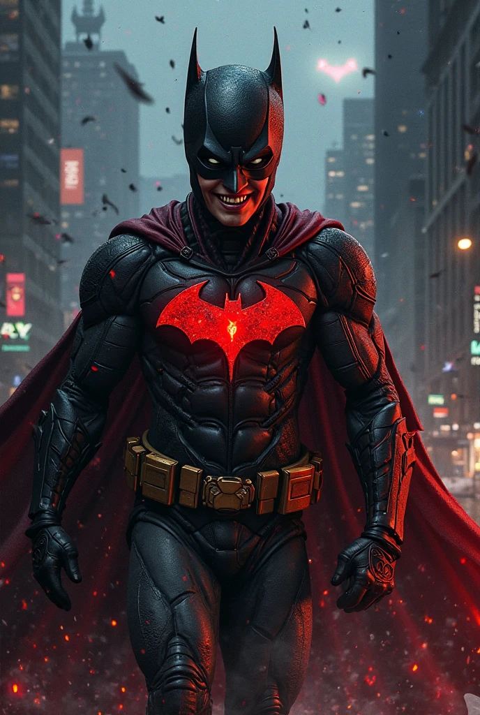 Create a Hero that has Robin's characteristics. His suit has to be in black and red colors, and he needs to have a mask over his mouth and around his face, Similar to Robin's. And in the background of the image make him be in a rainy city at night