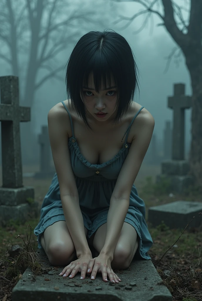 Anime Style,Japanese Horror,Grey Skin,Cold skin,ghost,scared,Black long hair,Both eyes are hidden by her bangs.,Dirty clothes,A white dress with holes in the chest and legs.,Tattered clothes,Big Breasts,Long Breasts,Hip joint,Thighs,Thin limbs,Background is a cemetery at night