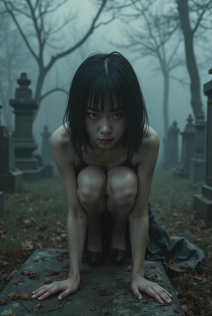 Highest quality、Masterpiece、8k、Japanese women、30th Generation、ghost、Pale skin、Dark roads、Scary atmosphere、sexy、naked、pubic hair、Slender figure、Beautiful feet、Detailed face、Horror