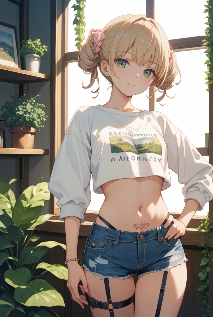 Ultra detailed girl teenager ,sarah Miller  , gril short blonde hair , small breasts, short yellow top, slender teenage body, tight green mini skirt, sexy.