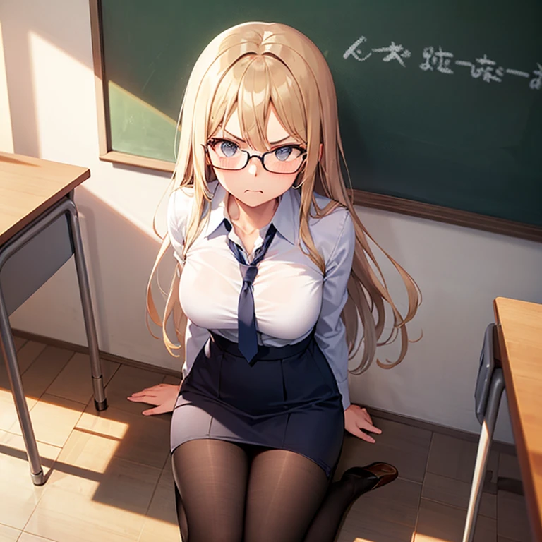 Solo, 1 Girl, Adorable Appearance, Perfect Face Proportions, College Aged, Long Faded Blonde Hair, Messy and Choppy Hair, Pigtails Hairstyle, Rounded Glasses, Beautiful Olive Green Eyes, Giant Breasts, Cleavage Slightly Shown, Wide Hips, Big Round Ass, Thick Creamy Thighs, School Uniform, Black Blazer, Short Pleated Skirt with Golden Accents, Timid Expression, Blushing, Mouth Slightly Agape, Frown, Turned to Left, Looking Up to Viewer, Hands Near Chest, Hands Clenched, Prestigious School Cafeteria Background, Sitting at Cafeteria Table, Masterpiece, 4K Resolution