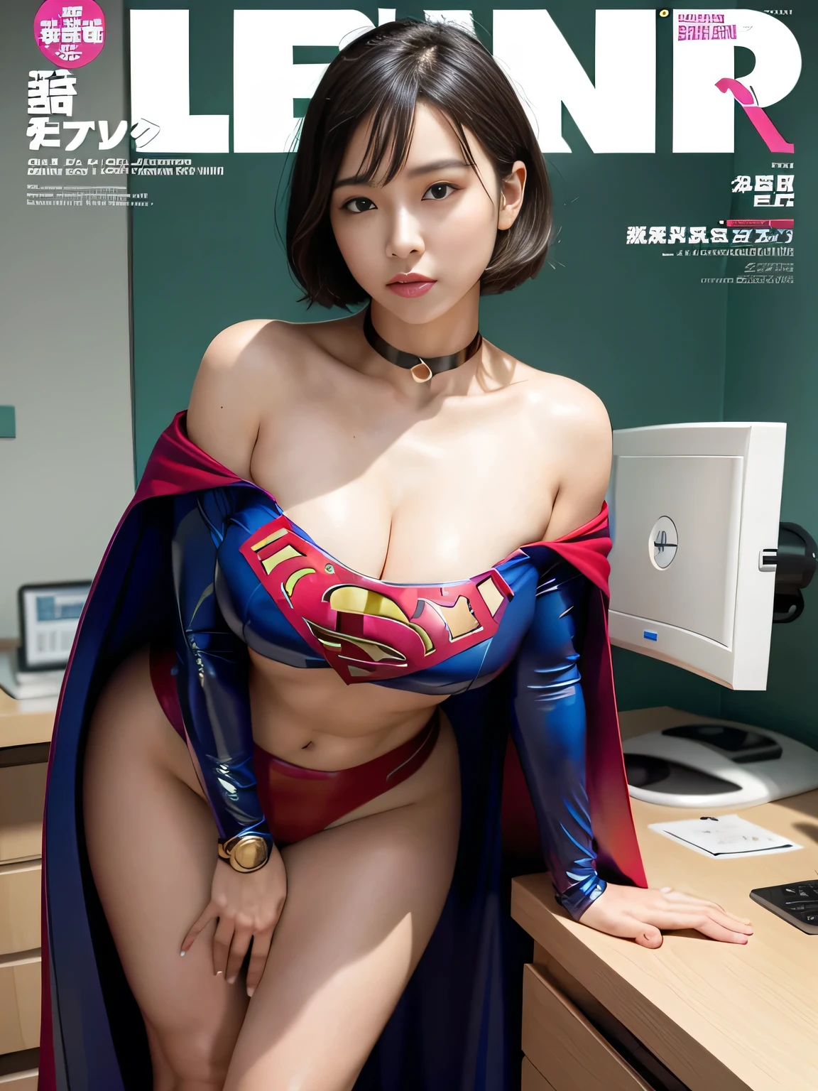 masterpiece、supergirl costume、short hair、barefoot, big and full breasts、execution、operating room、operating table、straddle、sweating、shiny、look at the camera、provocation、Estrus、choker、Weekly magazine cover、long sleeve、red mini skirt、obscene pose、Seduce、humiliating