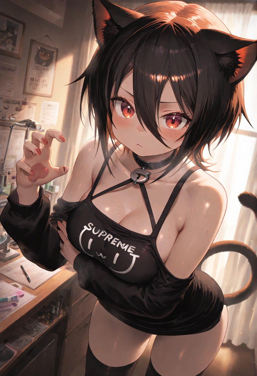 (Best quality, 8k, 32k, Masterpiece, UHD,:1.2),RAW, 1girl,ultra cute , natural lighting,transparent shining eyes, 20yo ,fair complexion, long hair, french braid, flushed face,femur, deep red hair, cat ear, medium hair, side braid, ((deep red bra and panties:1.3)), ((all fours)), From Below, medium breast, Emphasizing the Cleavage, a little angry, sexy, lace trim, lace Details, nude, naked, on bed, shiny, wedgie, heart mark, ((cat tail))