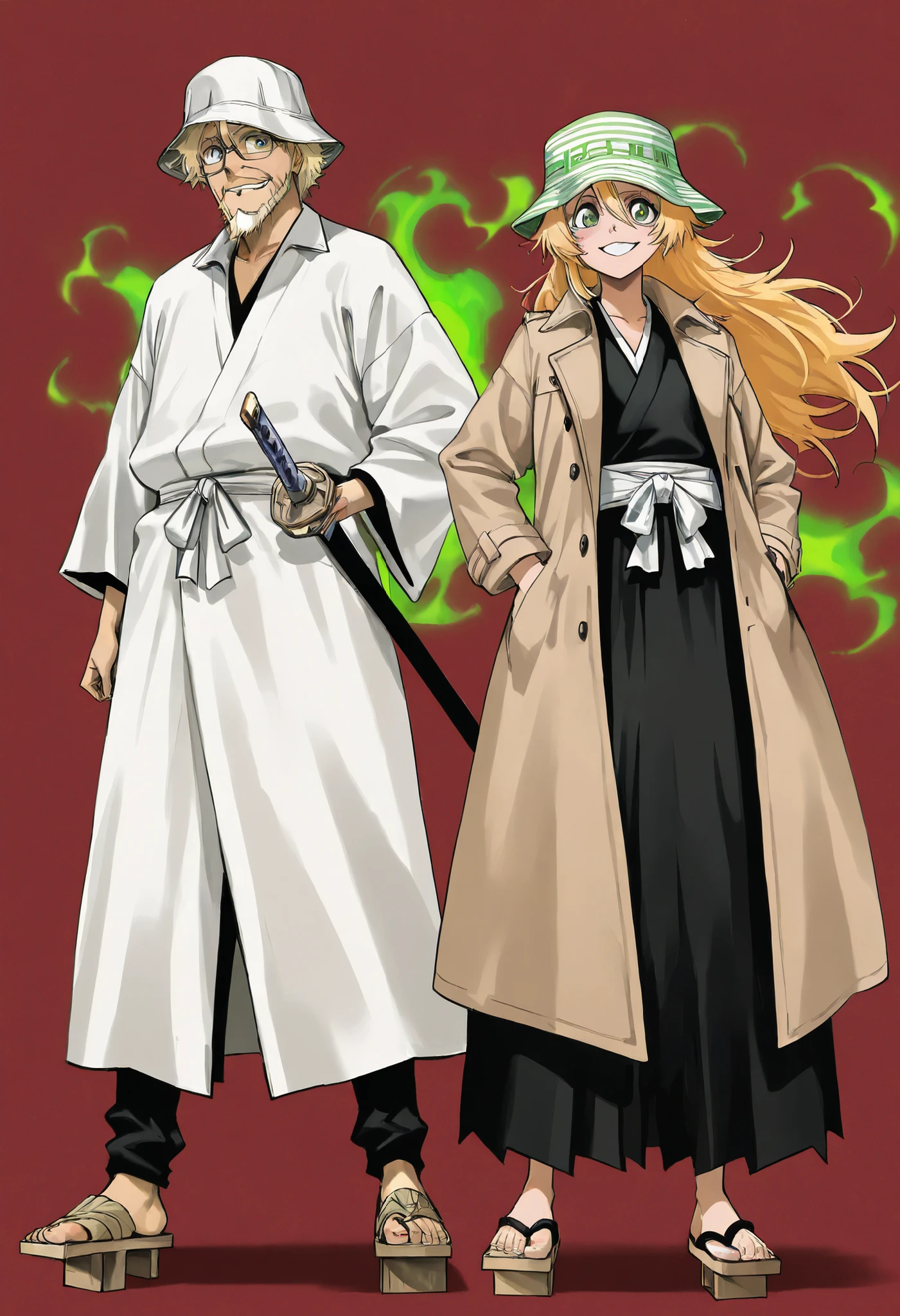 masterpiece, older man, casual hat, bucket hat, green and white striped hat, blond hair, messy hair, sly smile, green eyes, glasses, laid-back, mysterious, kimono, traditional Japanese clothing, wooden geta sandals, streetwear style, playful expression, shadowy background, clever, shop owner, bleach anime, calm demeanor, intelligent, sword, zanpakuto, spiritual aura, casual pose, slightly scruffy beard, clever eyes, shadowy figure, trench coat, score_9, score_8_up, score_7_up, source_manga, colored, Tite Kubo manga style, Tite Kubo art style,