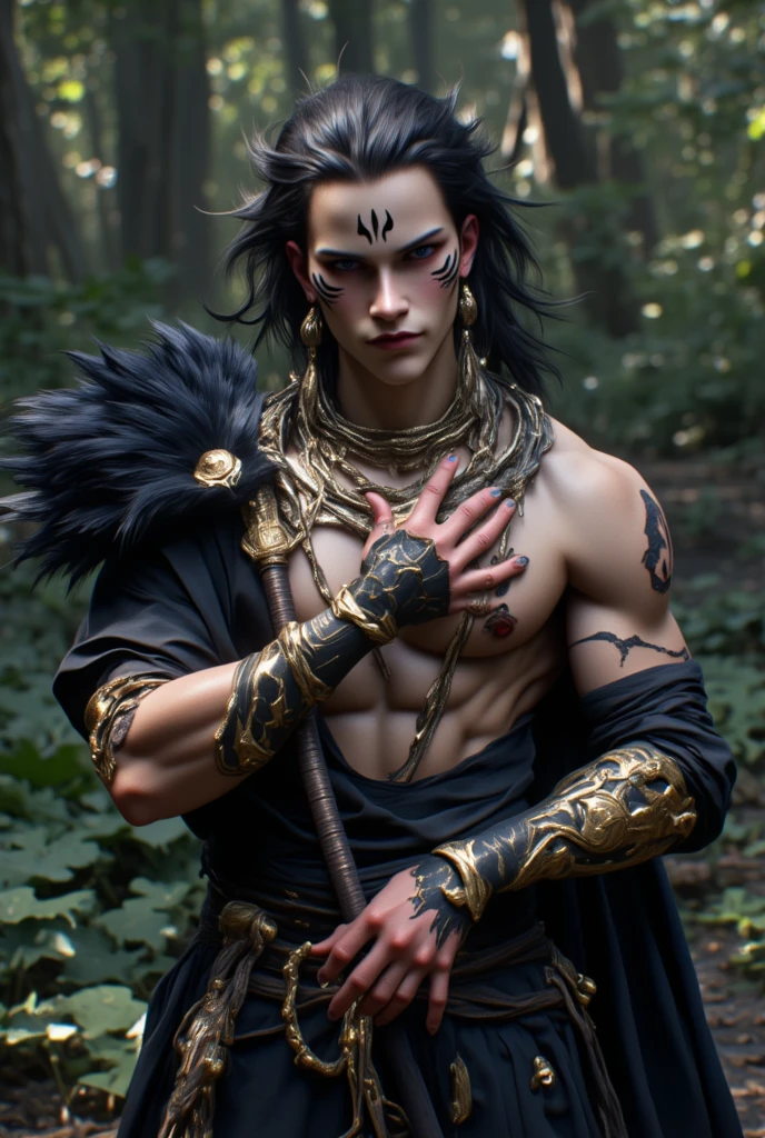 a light-skinned male character, long black hair, honey-colored eyes, ears set high on the head with a pointed shape, a singular and threatening beauty, in perfect posture holding a bow ready to shoot. he has a slender cylindrical tail that projects out of a loincloth.