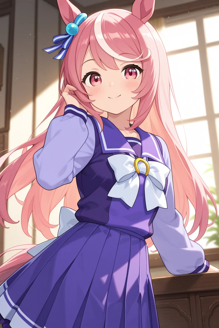 tmasterpiece，Need，A high resolution，aa2，long whitr hair，Headband school uniform，serafuku，white  shirt，bluedress，ahoge，partedbangs，pleatedskirt，Medium Waist，longer sleeves，Sailor collar，cowboy lens，exteriors，smiling wryly