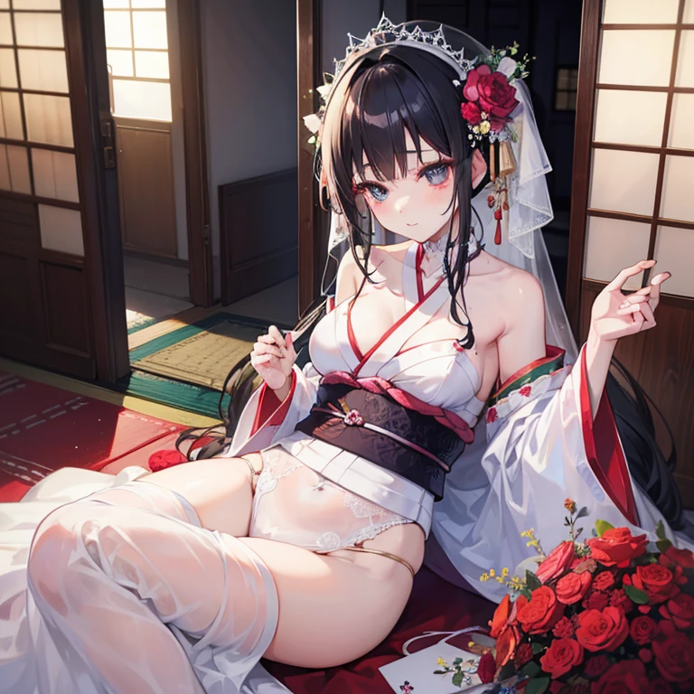 Extremely beautiful Japanese big breasted girl. Wearing wedding dress and veil. Beautiful silky black short hair. Beautiful legs, beautiful navel, beautiful pelvis, beautiful underboobs, beautiful shoulders, beautiful collar bones, beautiful lips, beautiful eyes, beautiful armpits. Full body. Voluptuous. Background on the bed. Red and white roses everywhere. Ultra detailed fingers. Ultra detailed background.