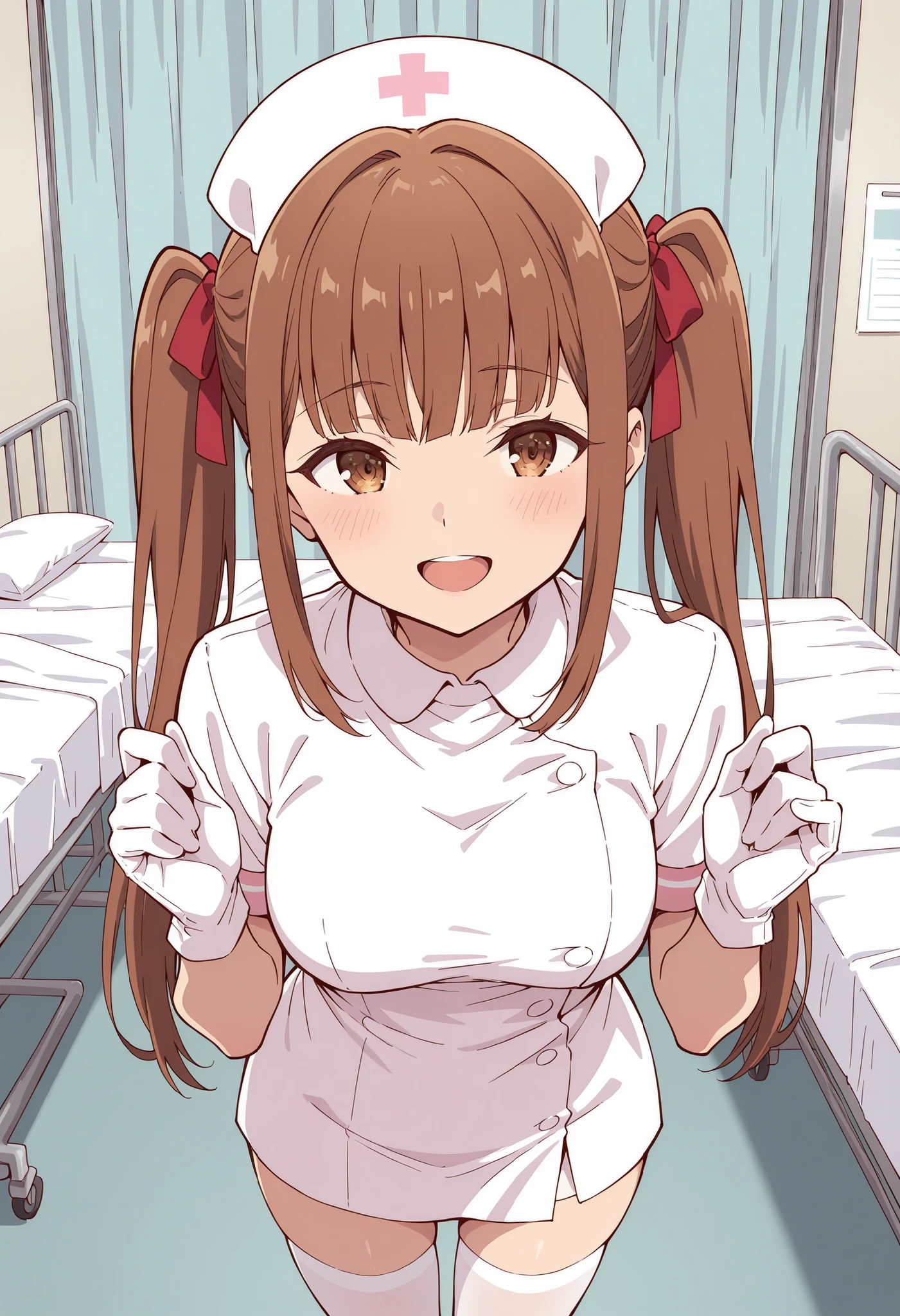 Score_9, score_8_up, score_7_up, source_anime, lyra (girumasu), solo, brown hair, twintails, hair ribbon, blunt bangs, sidelocks, brown eyes, (green eyes:0.8), (best quality), (high quality), {masterpiece}, extremely delicate and beautiful, ultra-detailed, beautiful detailed eyes, nurse, nurse hat, ((white nurse's outfit)), white gloves, white thighhighs, hospital room, smile, open mouth, standing