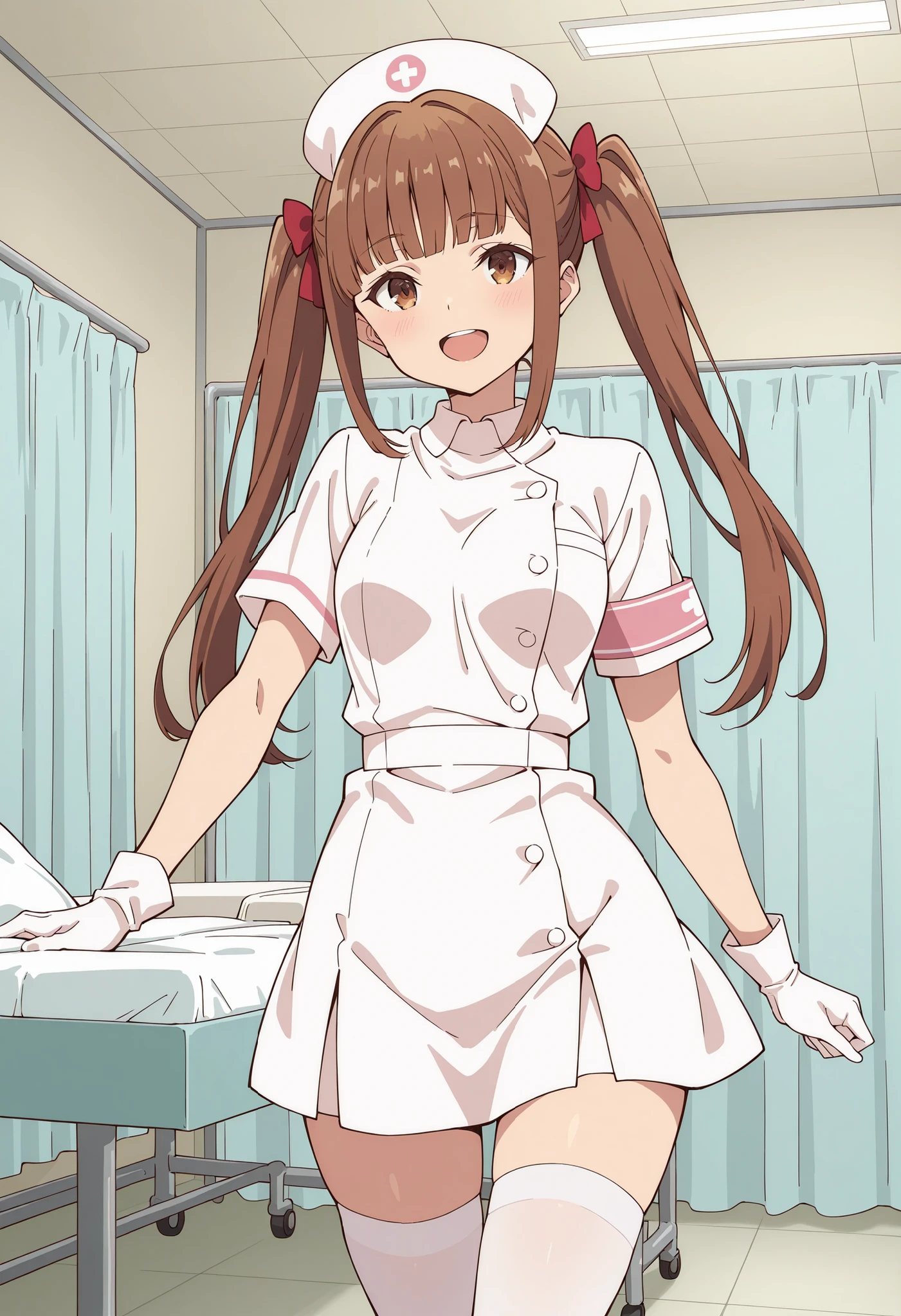 Score_9, score_8_up, score_7_up, source_anime, lyra (girumasu), solo, brown hair, twintails, hair ribbon, blunt bangs, sidelocks, brown eyes, (green eyes:0.8), (best quality), (high quality), {masterpiece}, extremely delicate and beautiful, ultra-detailed, beautiful detailed eyes, nurse, nurse hat, ((white nurse's outfit)), white gloves, white thighhighs, hospital room, smile, open mouth, standing
