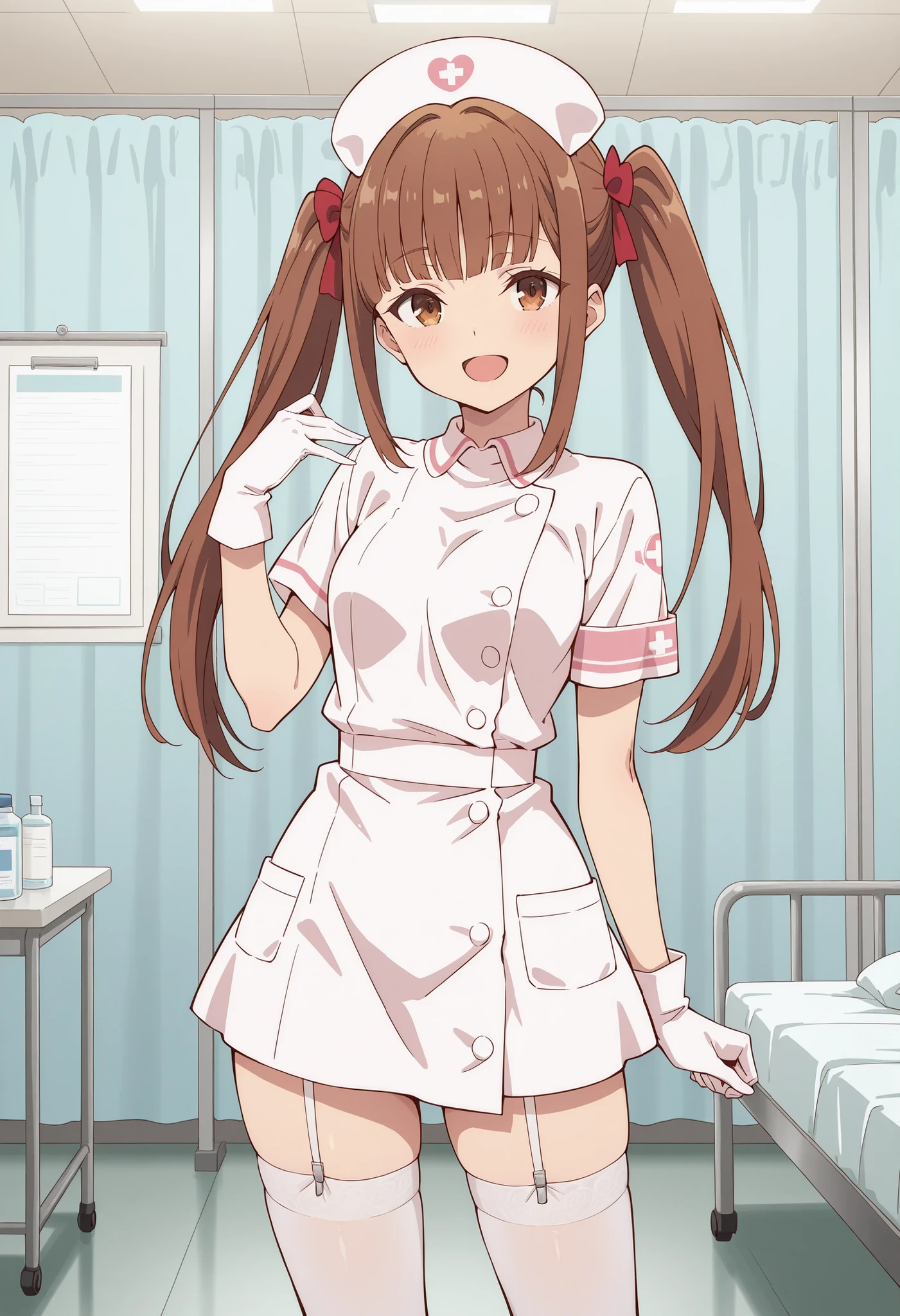 Score_9, score_8_up, score_7_up, source_anime, lyra (girumasu), solo, brown hair, twintails, hair ribbon, blunt bangs, sidelocks, brown eyes, (green eyes:0.8), (best quality), (high quality), {masterpiece}, extremely delicate and beautiful, ultra-detailed, beautiful detailed eyes, nurse, nurse hat, ((white nurse's outfit)), white gloves, white thighhighs, hospital room, smile, open mouth, standing