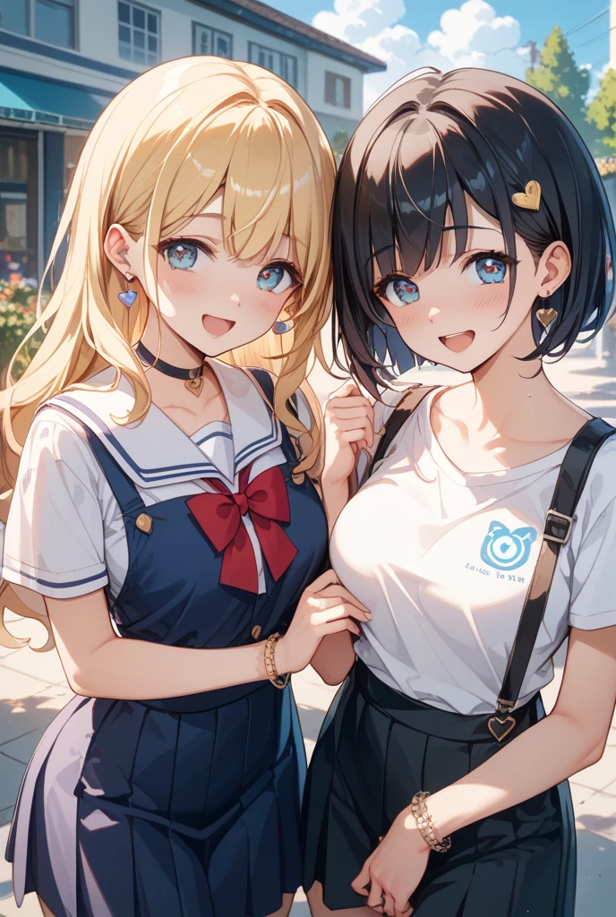 (highest quality, 4k, 8k, High resolution, masterpiece:1.2), Super detailed, (anime style, photorealistic:1.37), (Theme park scenery), two women, (Super detailedな顔, lip details, detailed eyes), double eyelid, (17 years old, , blue pleated skirt, mini skirt), Photographed in front of the castle, ((smile, Low angle shooting:1.2)), night time, Large fireworks, professional lighting, photon mapping, Physically based rendering, shiny skin, (perfect fingers, five fingers, anatomically correct), background bokeh, 135㎜, f/2.8, photo shoot,