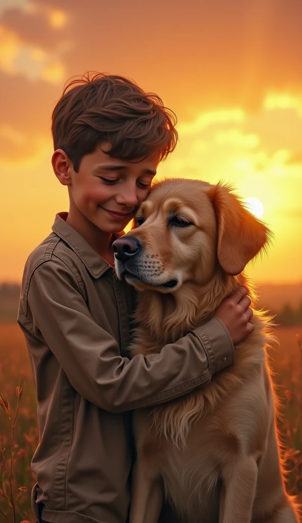 Photorealistic Image of a Lonely Boy and Dog in Sunny Field, Golden Hour Lighting, Soft Focus, High Resolution (4K), 50mm Lens, Close-Up Shot, Natural Lighting.