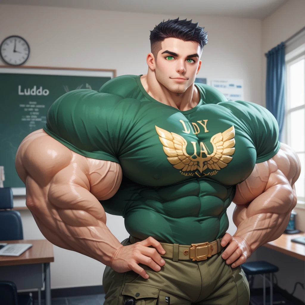 A normal young high school teenager standing in a classroom full of dumb jocks with dull glassy-eyed stares flexes and stares blankly ahead with open mouth as his muscles grow bigger and tear out of his tight shirt, assimilating to become dumber and dumber until he is just another stereotypical dumb brainwashed bodybuilder jock bro in a class of dumb jocks as he flexes with his new classmates, saying, "Give in to the swelling tide. The dumb jock grows. The old nerd dies." in dull mindless voice as he becomes just another dull and glassy-eyed dumb jock bro. A less muscular student watches in horror, even as he starts to flex with them and his eyes become dull as he starts to become bigger and dumber, too. Hyper muscles. Big biceps. Big triceps. Big traps. Broad shoulders. Massive pecs. Strong abs. Bulging crotch. Hyper bulge. Bro. Brain to brawn. Brute. Assimilation. Hypnosis. Brainwashing.  Dumber and dumber. IQ drain. Compression gear. Hairy armpits. Bigger. Dumber. Hypnotized. Brainwashed. Open mouths. Dimwit chuckle.