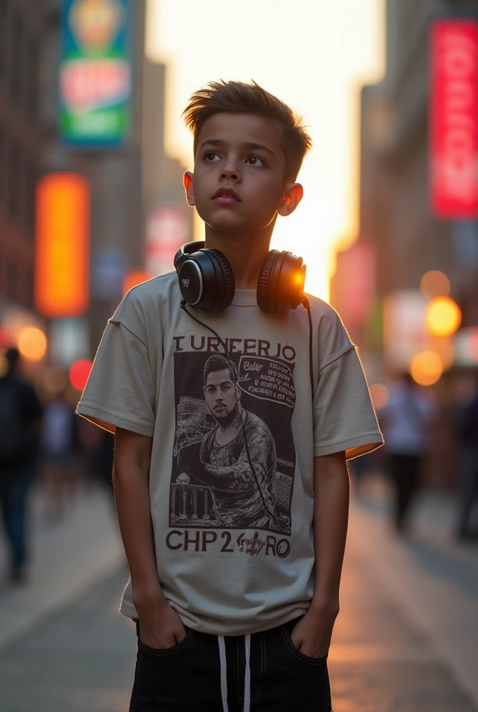 A young boy wear a black oversized tshirt which has visit properly and boy sit on a partybox speaker with tatoos on his right arm