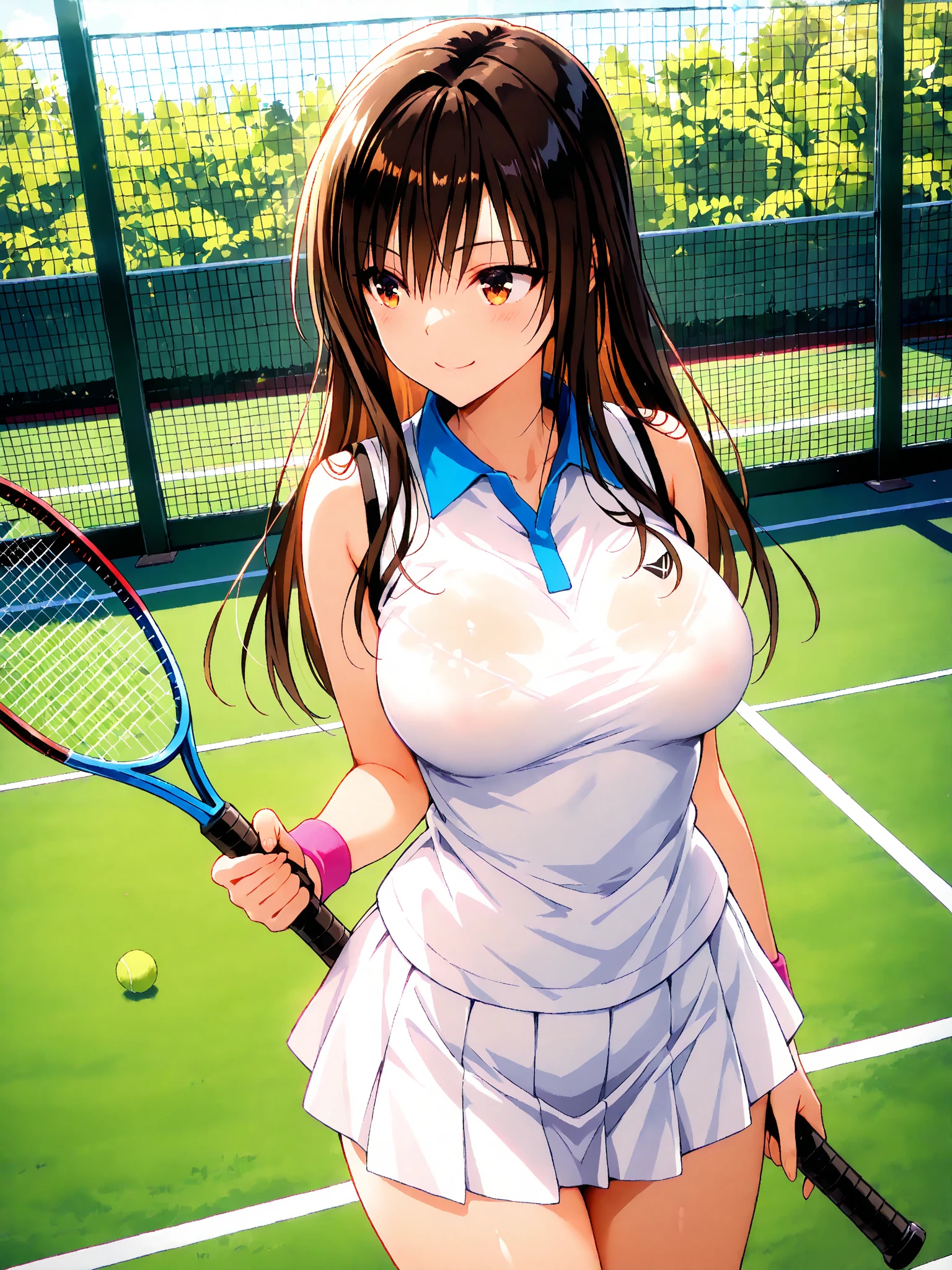 ((masutepiece, Best Quality, hight resolution, nffsw, Perfect Pixel, 4K, nffsw, nffsw))), 1girl in, Single, Solo, Beautie、full body seen、 ((Middle Wave Hair, Bangs, Brown hair)), ((Brown-eyed, Beautiful eyelashes, Realistic eyes)), ((Detailed face, Blushing:1.2)), ((Smooth texture:0.75, Realistic texture:0.65, Photorealistic:1.1, Anime CG style)), medium breasts, Dynamic Angle, Perfect body, White tennis wear, Shirts with short sleeve collar、pleatedskirt,breasts looking、(no-bra)、、, tennis coat、during daytime、all-fours、Looks Back、Transverse breasts、Very embarrassing panic smile、(Pink floral lace panties)、