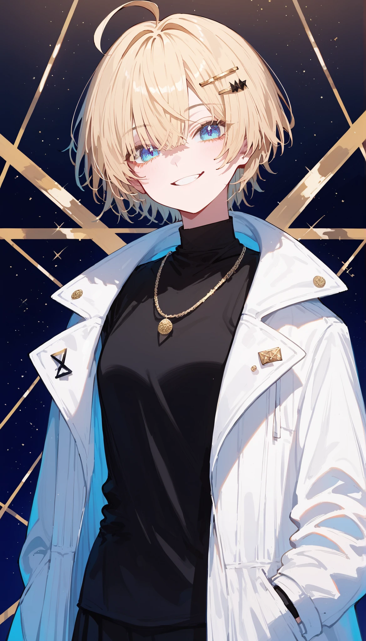 girl,Golden bronze hair, Blue Eyes,Moderate cuddly, alter ego, ghoul eyes,,triangle background,short hair bob,Chopped,Black Shirt,White Coat,Alternate Coat,smile, tomboy,ahoge,Gold Hairpin,Gold Jewelry,