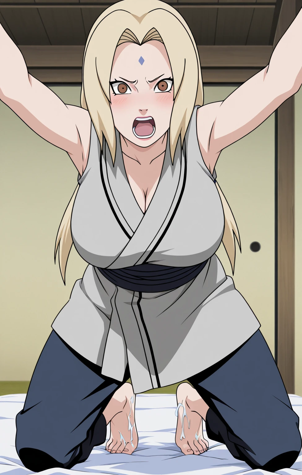 masterpiece, best quality, 1 girl, solo, looking at viewer, Yamanaka ino, length hair, floating hair,  (arms behind back:1.4), hanging,spiders in the web,long spider, desperate，struggle, entangled, embarassed face, despair,cocoon, screaming, outdoor