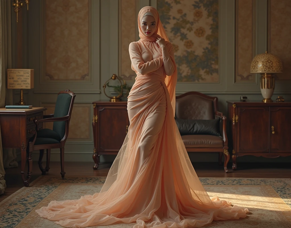 Asian woman wrapped in a satin cloth mimicking a mermaid gown with a striking large train, the cloth clings tightly to her figure, incorporates a hijab, standing with poise, see through whole body,half naked, nipple on, dramatic lighting, sexy pose in bed room, volumetric textures, ultra realistic, golden ratio.