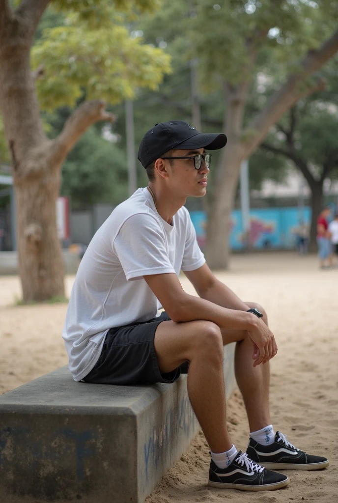 create photo-realistic of An Indonesian man, oval body shape, 40 years old. the man is wearing a snapback hat, wearing a blue and black checked shirt and a white and white t-shirt with the words "8053", wearing black jeans and white shoes. The man is sitting casually on the bench. a swing in the middle of the park, the atmosphere looks bright, the background is a city park. The image quality is very clear and very clear.