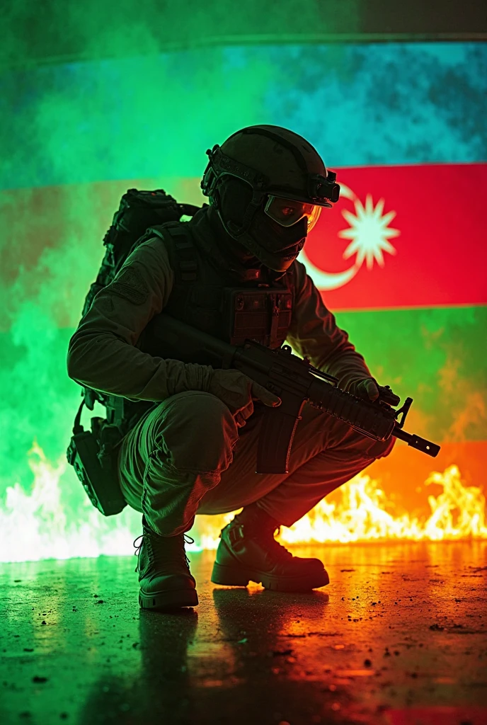 A malay man 29 year glasses mujahid holds a weapon sneaper and there are flags of Turkey, Palestine, syrian, Yemen