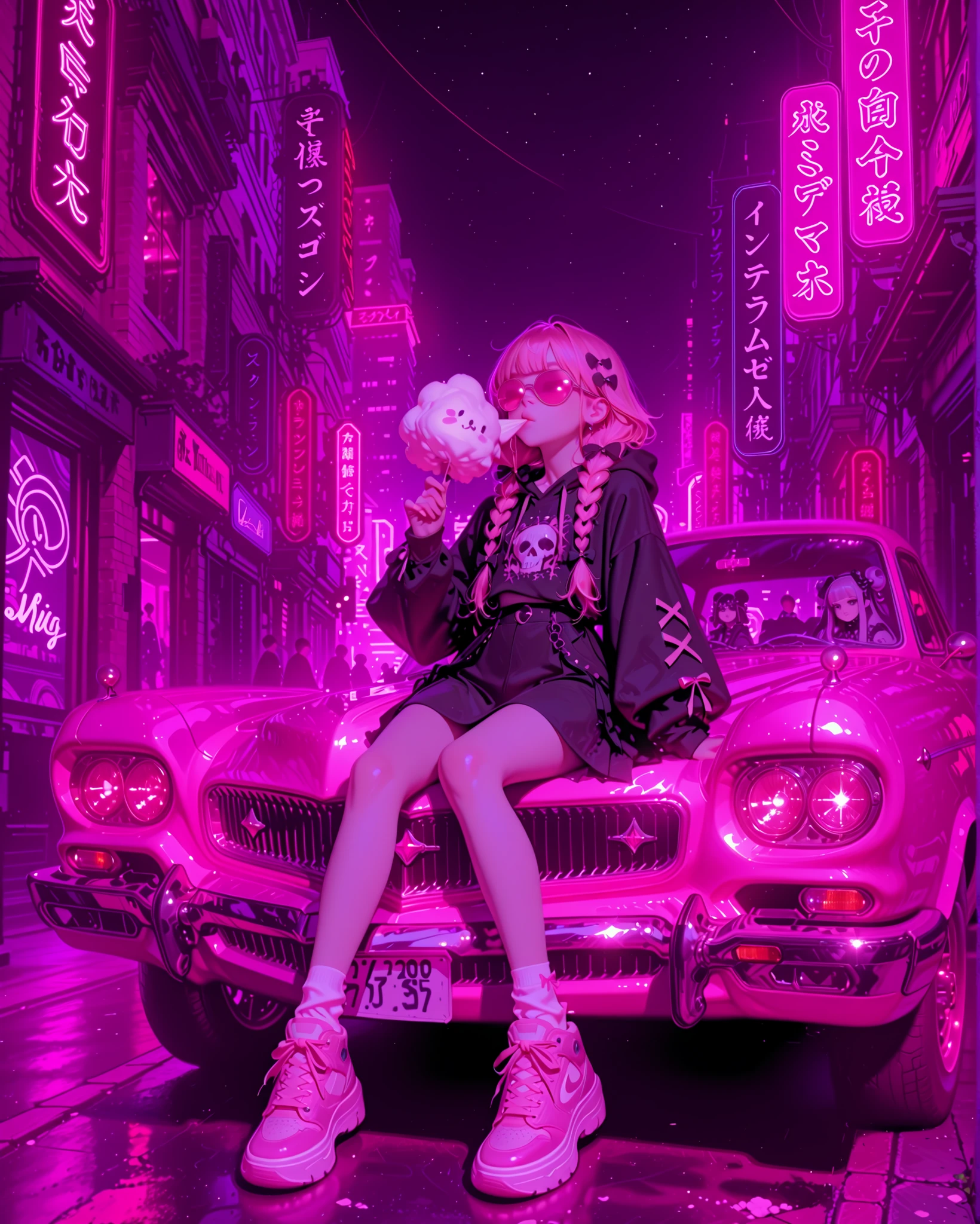 A peculiar Japanese couple in colorful Harajuku fashion mixed with pastel colors Gothic aesthetics. You sit on the hood of a vintage pink Cadillac, with joy eating cotton. Your outfits combine pastel shades with gothic accessories: bows , Seil, Sneaker mit Nieten, sleeves too big, Plateaustiefel. One has two bows and the other has hair dyed with accessories. Hinter ihnen, A movie theater Outdoor wall glows under the night sky with neon lights. The atmosphere is dreamy, nostalgisch, with a touch of surrealism. weiches Licht, anime expressions, detailed clothing and lively city background."