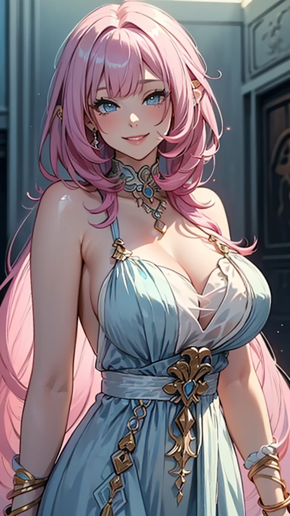 woman, pink hair, long hair, open forehead, no bangs, blue eyes, big breasts
Greek goddess, Greek style of dress, ancient Greece,sexy, bare breasts, bare hips
water, waterfall, antiquity