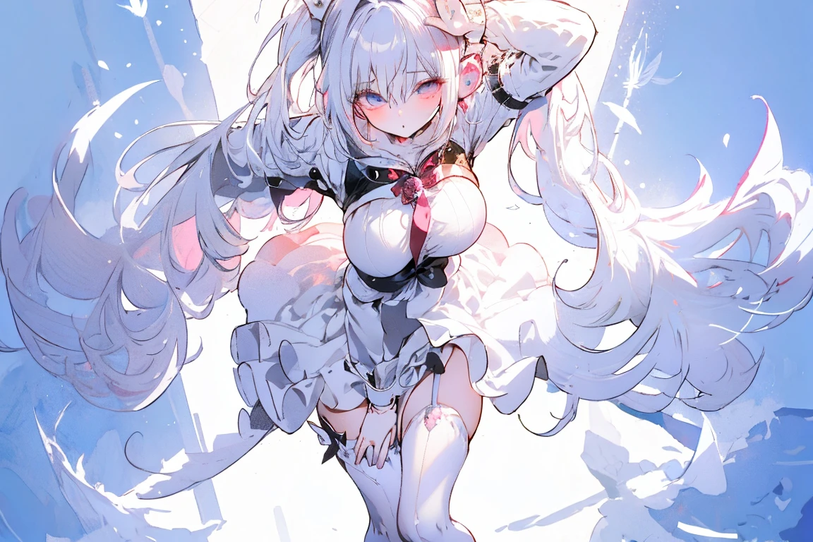 Expressive eyes, 1 girl, curly white hair, red eyes, transparent hovering shirt, belly free, short white skirt, arms open, big breasts, nipples