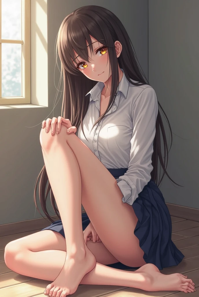 Sayuogi Wara, Sayu Ogiwara, masterpiece, top-quality, hight resolution,masutepiece、1girl in, brown haired, length hair, bangss, Brown-eyed,well balanced large breasts、cowboy shot、School uniform、Brown pleated skirt、crouching down、pantyshot、white panties、White underwear、Smiling smile、White socks、Brown loafers、itting open legs、Unbuttoned blouse、The bra is visible、White bra with ruffles、Hands without discomfort
