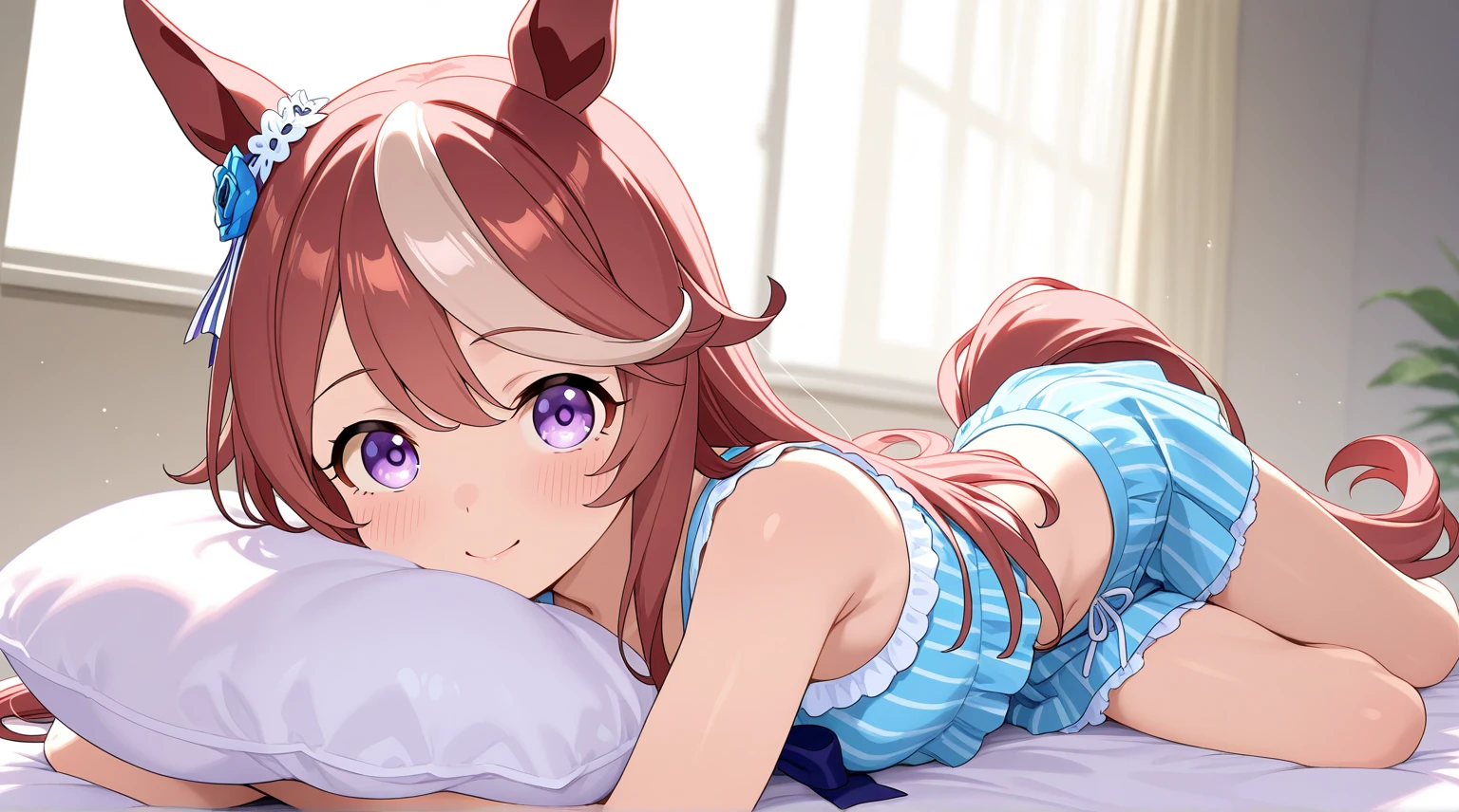 ((masterpiece)), ((best quality)), (ultra-detailed), anime style, on the bed, a cute girl, 1girl, solo, smile, underwear00