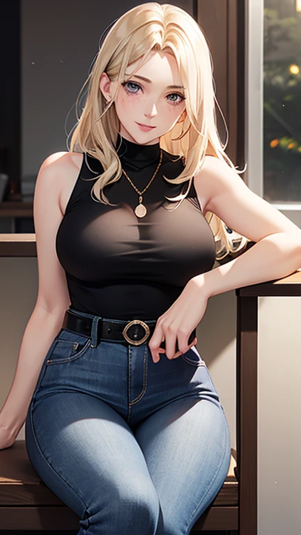 Ino yamanaka, schneit, sat,Spaltung,smil,Rot im Gesicht sein,drinnen im Zimmer,Nahaufnahme Nahaufnahme,mit einer guten Figur,mid large breasts,The breasts fall out immediately,clenched breasts,enges, open white shirt,Blaue skinny Jeans,both arms behind the back,nippel guckt raus