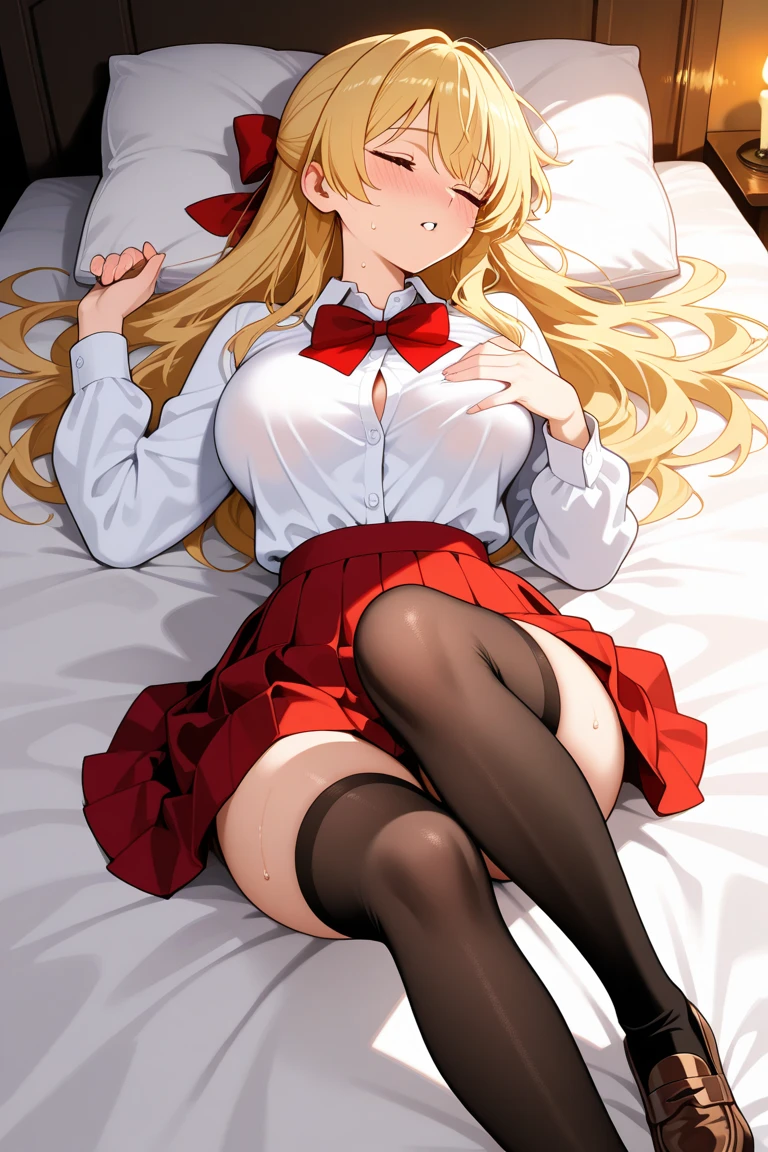 anime, beautiful face, highly detailed face, detailed perfect eyes, perfect hair, perfect lips, accurate arms, accurate hands, perfect legs accurate footware. highly detailed background, front lighting, perfect lighting, full body, 1girl, solo, ruby hoshino, ruby, oshi no ko, heels, blonde hair, thighhighs, stockings, absurdres, high res, ultrasharp, 8K, masterpiece, looking at viewer, (sexy pose:1.5), (full body:1.5), teasing face, idol outfit, idol, revealing idol, skirt, cleavage, stockings, sitting on the bed, sitting away from viewer, looking back over shoulder, view from behind, sfw