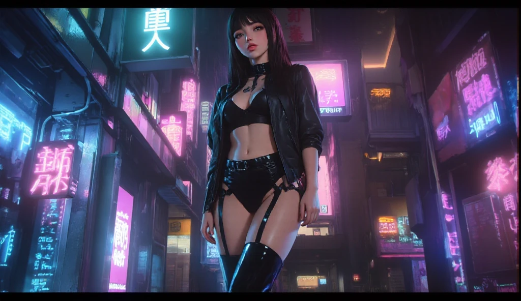 (((NSFW0.7))),Better Quality, Realist, Award-Winning Illustration, (Intricate details: 1.2), (Fine Detail), (Intricate details), (Cininatic Lights, Better Quality Backlight), Crisp Lines, Sharp focus, Official Art, unity wallpaper 8k, Absurd, unbelievably Absurd, Huge file sizes, Ultra- (in_main_two:1.21), (Neon lamp), Fantasy art, RTX,((triangle closeup photo by award winning studio )), 1 girl, so beautiful, (run away), small , ((two da cidade cyberpunk, Valkyrie)), Perfect hands, Beautiful and fine details, Perfect Face, (Cyberpunk Blouse, leather jacket, Martin boots) ,((Pleated skirt) ), ((Supermodel posture)),((Big Breasts)),(See through)