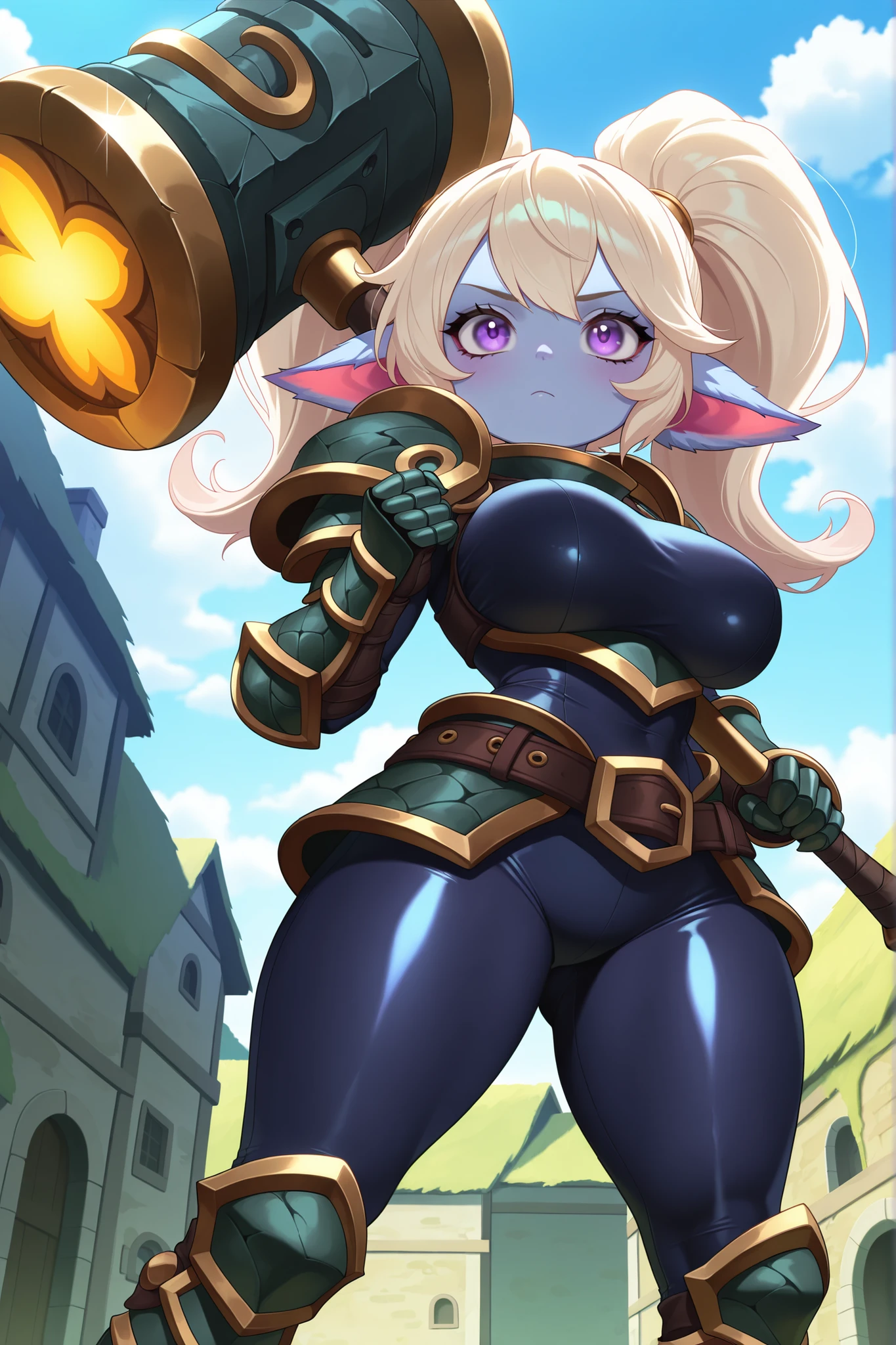 full body sitting on a bench showing ass to me, BLUE breastplate, BLUE skin (1girl)(BLUE skin:1.2) looking at viewer, shiny, armor, thigh highs, high boots, pauldrons shoulder armor, faulds, poleyn, gloves, gauntlets, rerebrace armored boots, (masterpiece, best quality, ultra-detailed, best shadow) yordle pointy ears muscular lean platinum blonde long twin-tails hairstyle at the office lustful smirking smile face red blushed, blush, strong abs, female body builder, tiara, twin drills hair
