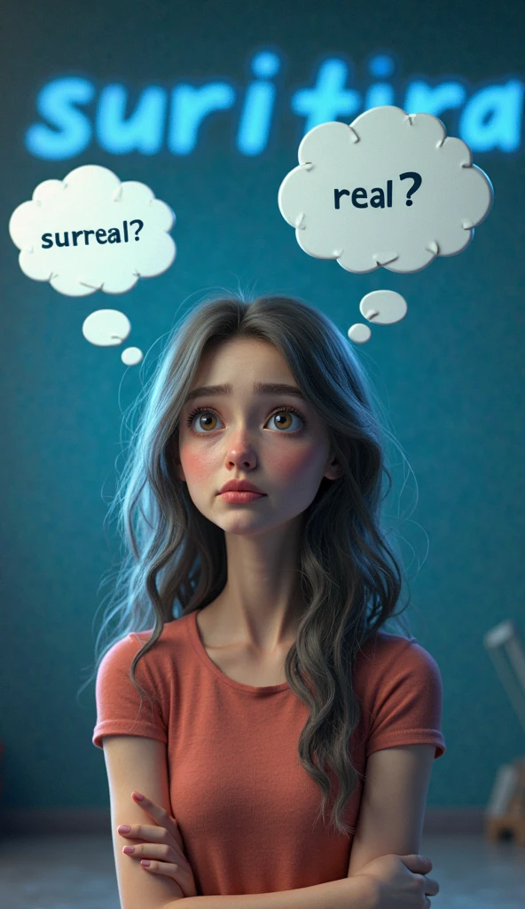 Super realistic, Cinema 4D rendering, The words "Theme:Surreal Scene" written in large blue letters at the top of the screen. The words "Too Hard Theme for me..." written in small letters at the bottom of the screen. A girl is tilting her head and shrugging her shoulders with a resigned expression. Two Speech bubbles of inner thoughts, The word "Surreal?" in Left speech bubble of inner thought. The word "Real?" in Right speech bubble of inner thought.