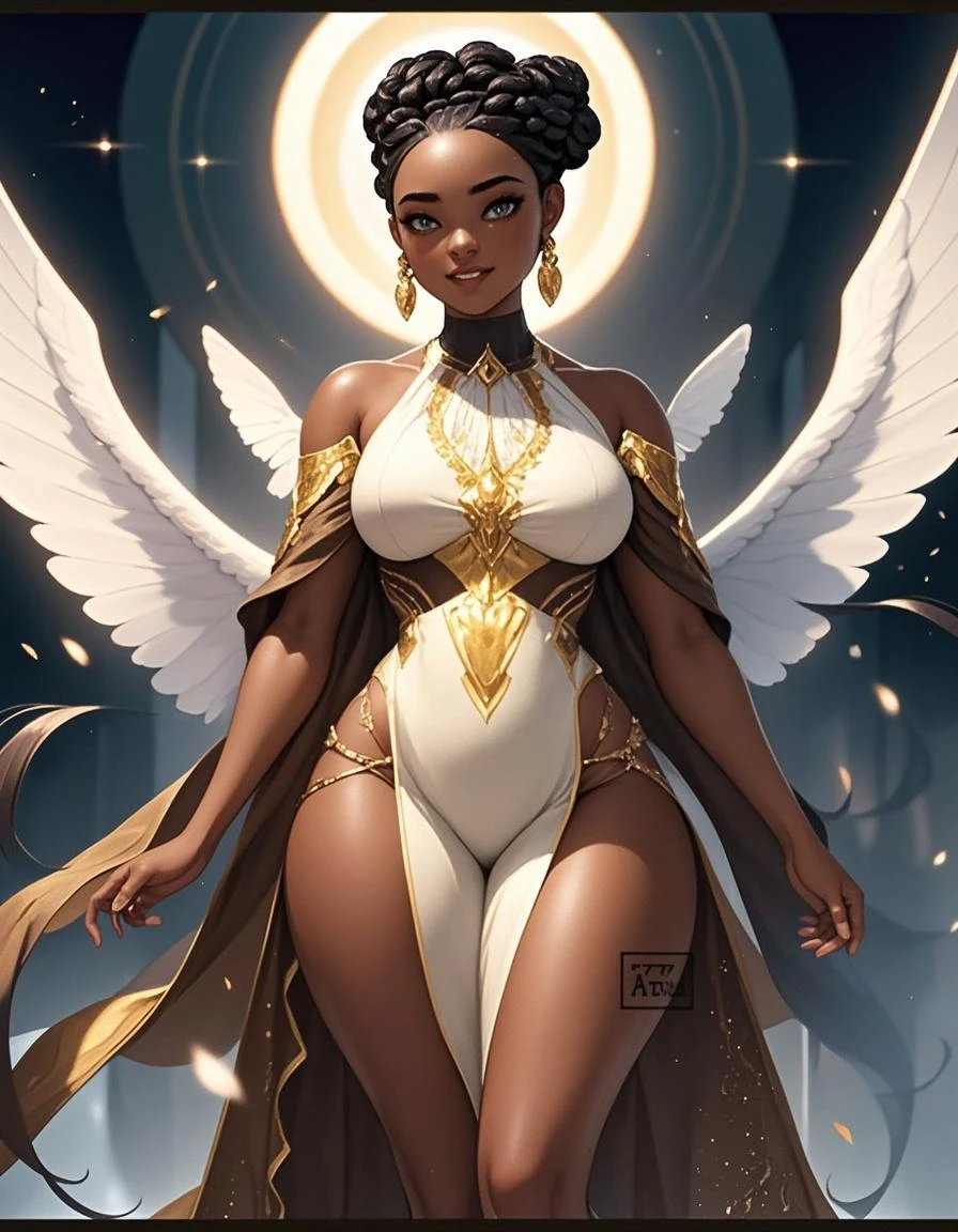 A - yr old nEuropean girl with lovely charminvg face,( brown skin texture masterpiece), (perfect full body detailed anatomy), (Super accessories detailed), (meditating ), (perfect detailed glowing bright eyes),(short illuminating silver crystalized hair),((expose big hard erect nipples))(( exposed panty ))(legs wide open showing pussy line)(( Wearing transparent illuminating costume of an angel)),holding a treasure swords (( illuminating different lights covering the sorrounding atmosphere)) Has beautiful large white wings, The character solemnly praying
