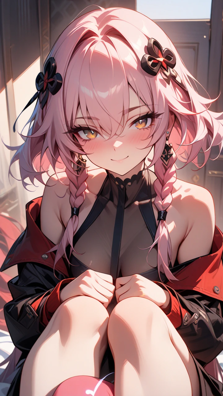 a handsome girl, solo, raspberry pink hair, 
[(gradation hair from white to red:1.4):0.4], medium hair, (white inner hair:0.8), 
red eyes, bright eyes,
(black and red jacket:1.4), high neck sleeveless, black shorts, garter rings, black tights, naughty smile, perfect lighting, best angle, masterpiece, best quality, extremely detailed face, extremely detailed,