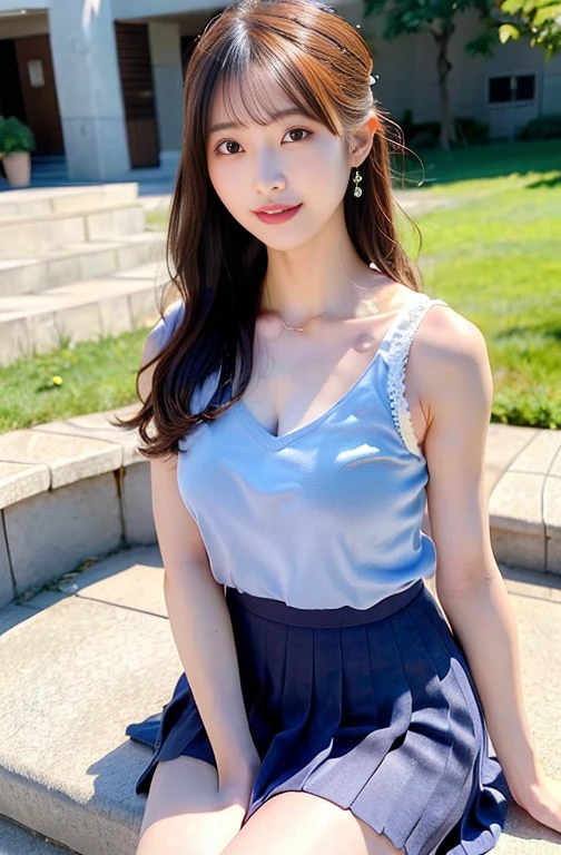(masterpiece:1.3)、Very fine finish、(High resolution、8k:1.3)、highest quality、Beautiful Hands、Beautiful Hands指、(Ultra-realistic as a photo:1.3), ((超High resolution)),8K,13 years old、Leaning forward to reveal cleavage、slender、Small breasts、Flat Chest、Small breasts, , ponytail,  Blue mini skirt, Navy blue Y-shirt、Small breasts cleavage 2:1,Idol Sculpture, Wet, smile、Pink wall、sexy、slender、Well-shaped small breasts、I can see your thighs、