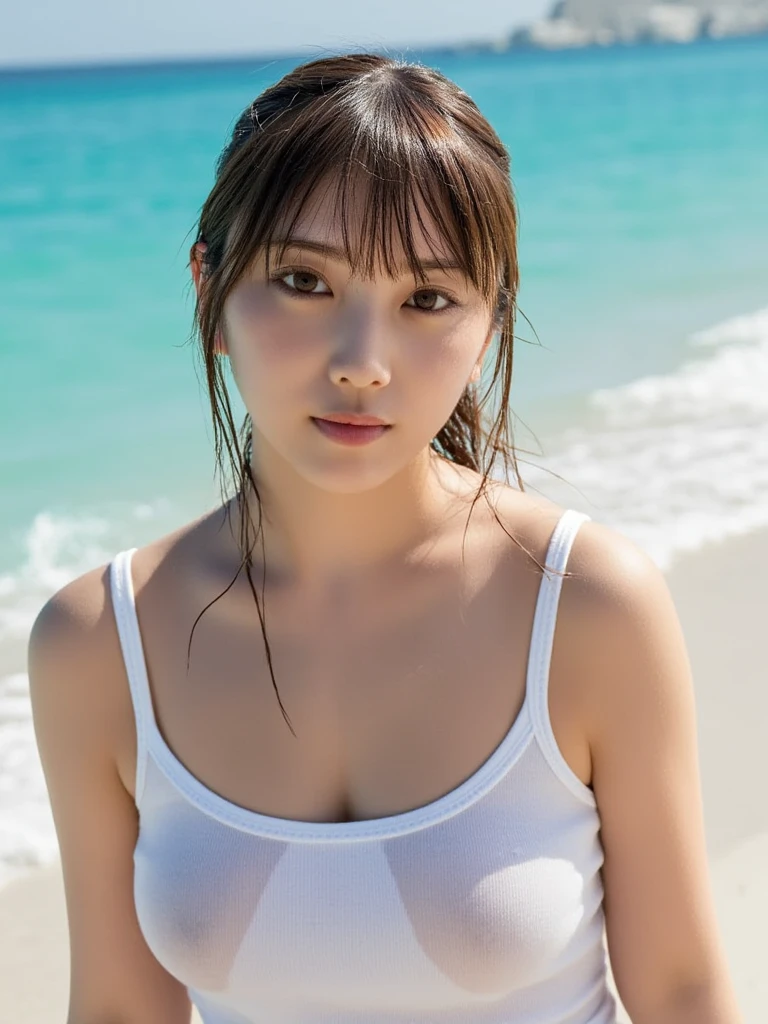 Summer at the Italien coast. A beautiful, voluptuous and curvy woman as a tourist. Hana haruna, chubby gravure idol. Watching all the sea and nature, Excited. Long hair cascading over her shoulders, straight bangs. Her lips curl up as she smiles. Her transparent bouffant dress lifts high when she turns around with a flourish. The sunlight glistens on her shiny, sweaty skin.