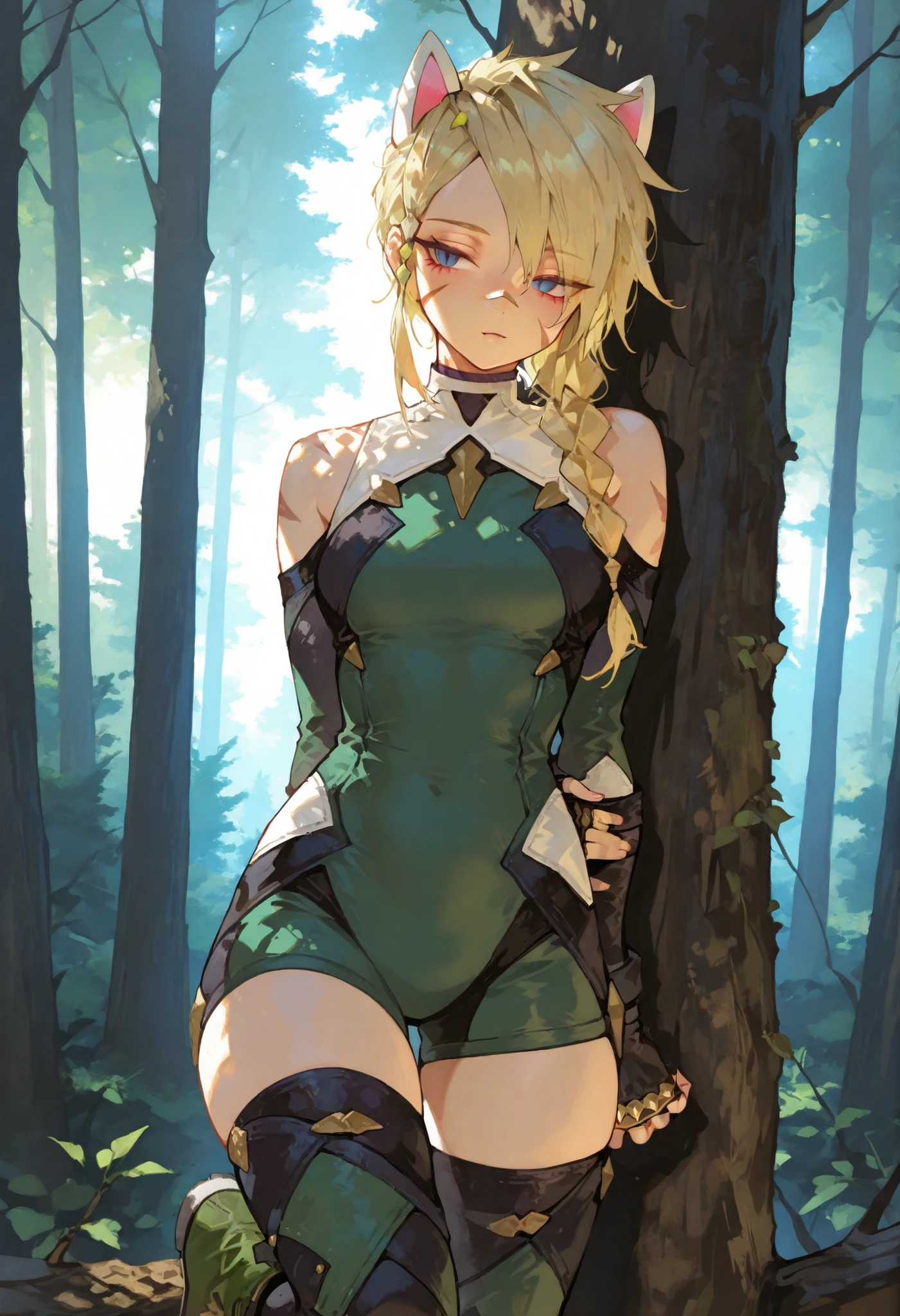 1girl, solo, erisafn, slit pupils, blue eyes, scar on face, blonde hair, braid, bandaid on nose, single braid, white animal ears, fingerless gloves, brass knuckles, green bodysuit, bare shoulders, thighhighs, green boots, standing, back against tree, hands behind back, calm expression, half lidded eyes, one foot on tree bark, front view, detailed eyes, detailed face, masterpiece, portrait, 4K UHD, extra detailed, forest background, bright lighting