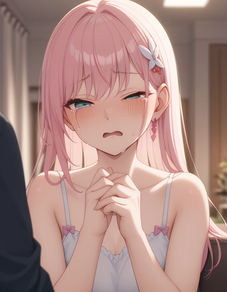 touching, Best Quality, ultra detailed, illustration, (1 girl and 1 boy), Beautiful detailed eyes, looking at the viewer, long pink hair, shy, skirt lifted by a man, showing her butt, Looking out of the corner of my eye, socks, having sex, naked