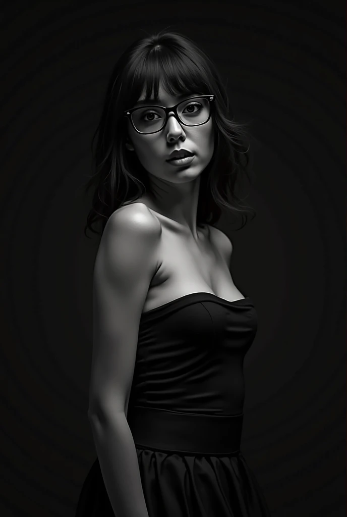 Create a black and white image of a 45 year old Indonesian woman, wearing a shirt with the buttons open, he wears sunglasses, her hair tied up looks messy, his hands while squeezing the breasts