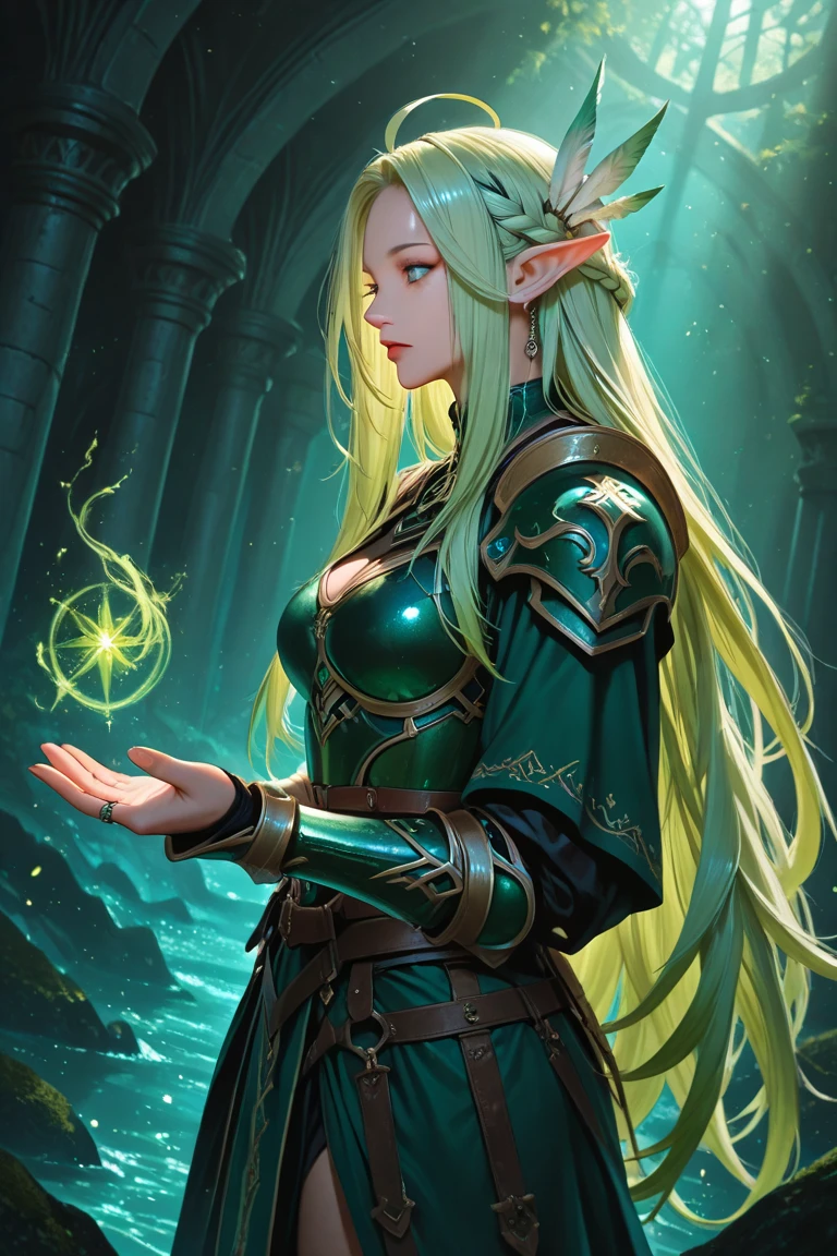 (Highest picture quality), (Master's work), (ultra-detailed), (Detailed eye description:1.1), (lens flare:1.1), (movie poster:1.1), (Tarot border:1.1), the portrait is centered, (close-up:1.1), (nagative space:0.8), (chaos aura:1.2), (solo), 1girl, cute girl, (floating colorful water magic:1.1), (many colorful vines), (floating pink blades:1.1), (water wings:1.0), (dappled sunlight, light rays,caustics:1.2), (colorful:1.1), (beautiful detailed glow:1.1), (leaning back:1.2), (grim expression:1.1), (small:1.1), (closed mouth:1.0), (eyeshadow), (lime hair:1.4), (long white hair:1.1), witch hat, (facing viewer:1.3), (halo:1.3), (head tilt:1.1), (dynamic pose:1.1), (asymmetrical hair:1.2), (blue armor:1.1), (military), (layered skirt), (black eyes:1.4), blunt bangs, high twintails, long coat, (floating cape:1.1), (succubus horns, demon horns:1.1), (castle:1.4), (outdoors,outside:1.1), hair bow, (flying:1.1), (dark skin:1.1), (upper body:1.2), symbol-shaped pupils, detailed rainbow pupils
