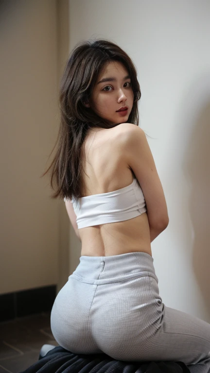 masutepiece, best quality, illustration, super detailed, high resolution, amazing details, 8K wallpaper, perfect dynamic composition, beautiful detailed eyes, middle of the chest, natural color lips, random sexy pose, smiling face, 20 year old girl, bob hair, short hair, stretch legs, from behind, topless