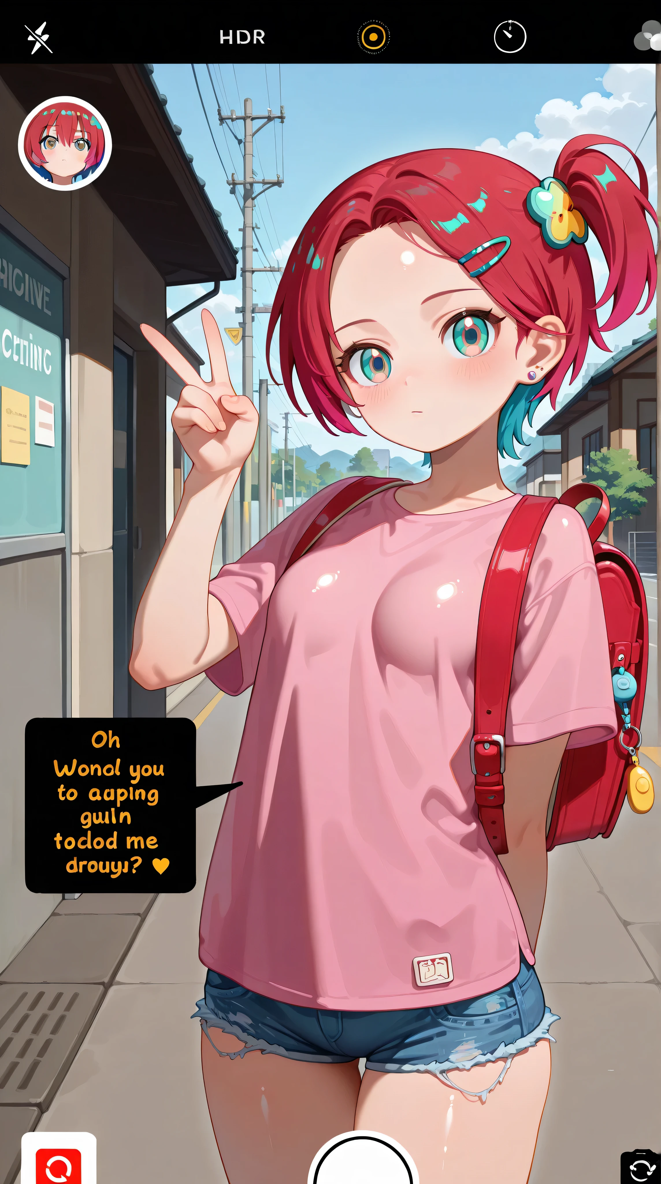 1girl,amate yuzuriha,breasts, forehead,bangs,red hair,short hair, multicolored hair,aqua eyes,multicolored eyes, backpack, bag, randoseru, fake screenshot, red bag, v, hair ornament, hairclip,solo, shirt, jewelry, fake phone screenshot, looking at viewer, earrings, brown eyes, blush, short sleeves, pink shirt, closed mouth, stud earrings, child, skirt, outdoors, denim, crime prevention buzzer, english text, one side up, blue skirt, hand up, frayed denim shorts,micro shorts,tight viewfinder, shorts, t-shirt, standing, cowboy shot,masterpiece,best quality,newest,highres,absurdres,very awa,shiny skin,(artist:loika:0.5),(artist:xiaoshou xiansheng:0.8),artist:rin31153336,artist:gawako,nsfw,nude