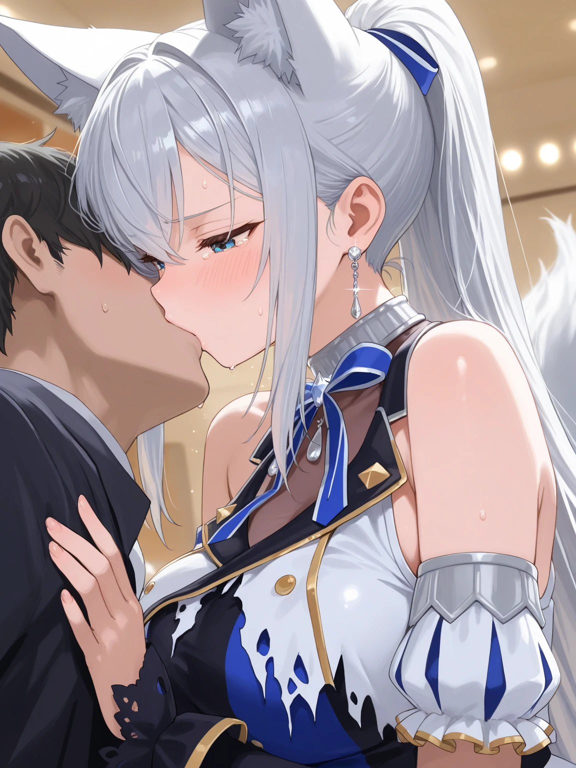NSFW,(((1girl,1boy,fellatio))),kneeling ,looking at viewer,Hakuren,grey hair, short hair, braid, purple eyes,detailed eyes,growing eyes,detailed skin,detailed face,
white dress, collar, bare shoulders, elbow gloves, medium breasts, purple gloves,
smile, masterpiece ,8k unity wallpaper,anime key visual,highest quality, High resolution, unity 8k wallpaper, (shape:0.8),anime coloring,highly detailed face, shiny skin,fine skin,white skin,dense skin,detailed hair,highly detailed legs,perfect lighting, Detailed CG, (perfect hands, perfect anatomy),High resolution,(Detailed wear ),slender limbs, delicate curves, dainty hands,figure:0.8,white lace panties,