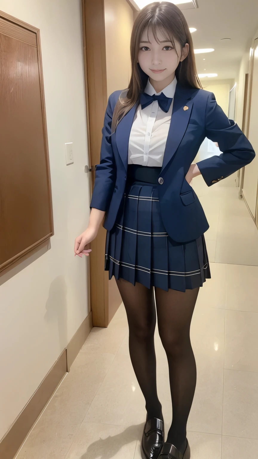 8K,high-level image quality,A Japanese Lady,1 personality),female high-school student,A smile,tall,thick plump thighs,,a miniskirt,Face in Focus,,sexy pose,luxury hotel,Whole body,wear boots,is standing,Wearing a school uniform,I can't see the chest,pantyhose,toned waist,