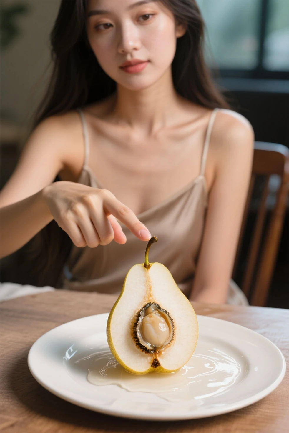 Company logo that is the design of a slightly sensual pear with a bite on the side