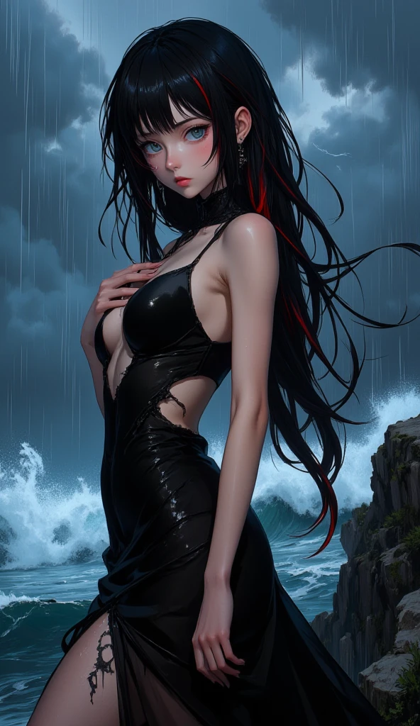 Digital art, photo realistic, hyper detailed, beautiful woman, 27 years old full height, hands behind her back, red-black gradient long straight hair, dark-green eyes, sea background, black skirt, red belt, leather dress, tight dress, slender figure, breasts