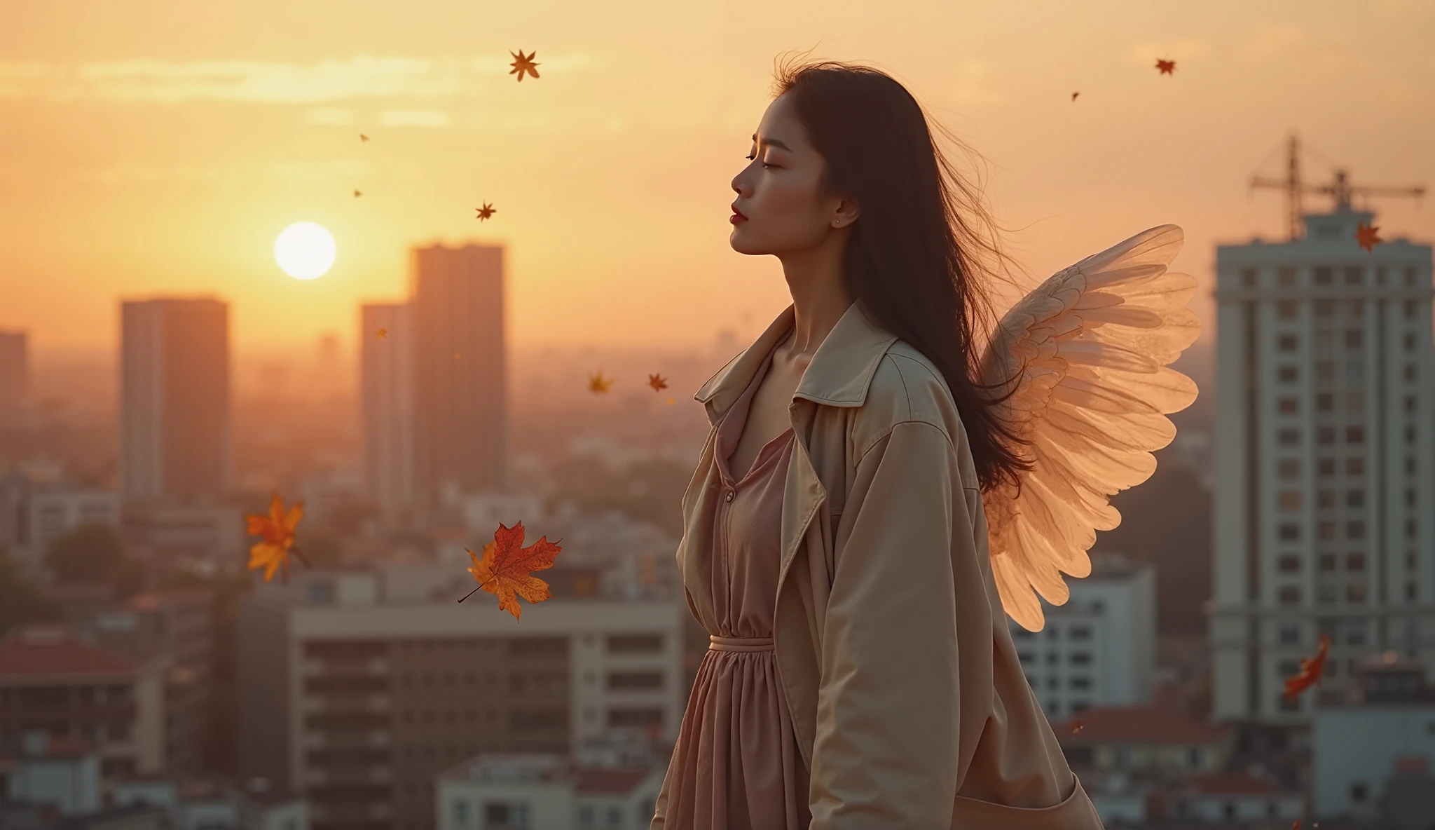like an angel without wings. real photo. In the beautiful morning light, stepping onto the concrete floor on the roof of a building in Akihabara, Tokyo, there is a 13 year old female fashion model girl sitting on the outdoor unit of an air conditioner on the roof of a building, young Japanese female, solo female, wearing a white wear, white full body dress, barefoot, she is sitting cross-legged, anatomy anatomically accurate two legs crossed, she has long black hair and a natural perm, beautiful black hair in the morning sunlight, summer sun shining through, she is operating a laptop, her gaze is on the laptop display, both women's hands are on the laptop Behind her head, a lone dove spreads its wings wide, only in place, the dove's feathers shining in the warm reflection of the morning sun. From the rooftop of the building where she is sitting, the buildings of Akihabara are in the vicinity. There are concrete buildings, ladders, and warm morning sunlight coming in from the upper left corner of the screen. A diagonal band of light crosses from the left corner of the screen to the lower right corner of the screen.